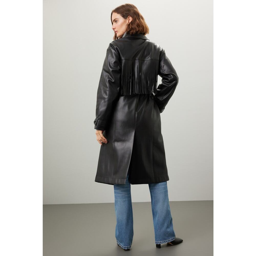 Jason Wu Black Vegan Faux Leather Fringed Tie Waist Long Trench Coat Size XL - Picture 2 of 16